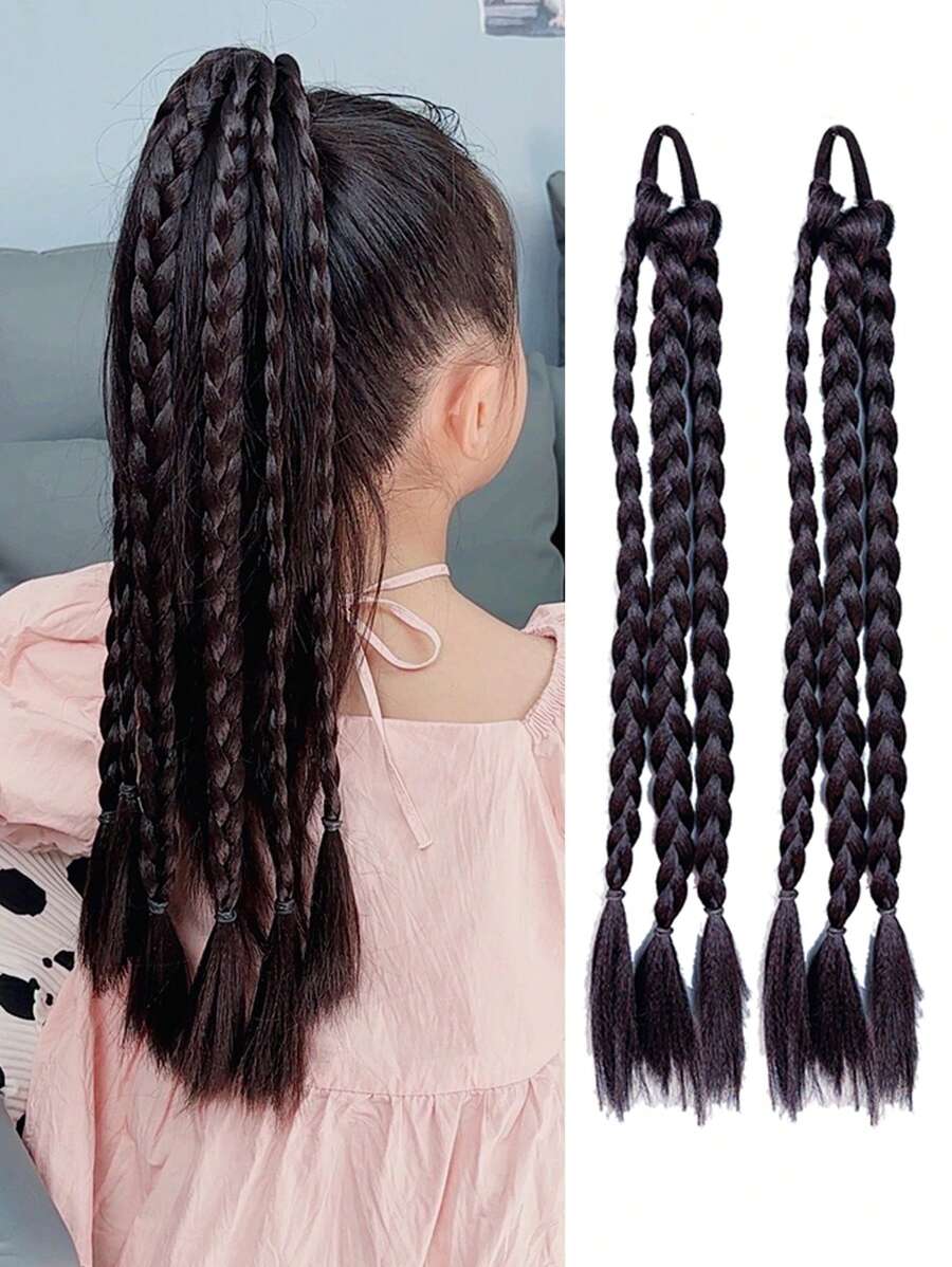 2 件装 18 英寸合成马尾辫接发 编织带弹性头带 盒状马尾辫 适合儿童 - 黑色 - 查看 1