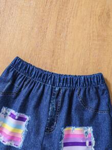 Rainbow Striped Cami Top And Denim Effect Printed Shorts Set For Young Girls - Purple - View 7