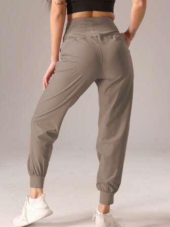 1Pc Women Sports Style Pleated Solid Color Casual Long Pants Tights
