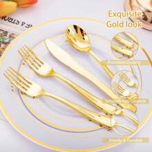 100pcs Cutlery Set - 50 Forks, 25 Knives, 25 Spoons - Plastic Utensils Set For Catering, Parties, Dinners, Weddings,School Supplies - Gold - View 5