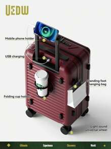 20 Inch Functional Boarding Case, Portable Suitcase With Cup Holder, Luggage With Password Lock,Solid Color Luggage Case Set : Portable Square Handside Handbag & Large Capacity Handside Travel Suitcase With Password,Large Capacity Suitcase, Functional Travel Trolley Case, Boarding Case & Luggage With Cup Holder Bag For School School Accessories School Stuff - Red - View 3