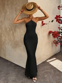 Doriss Elegant Backless Knitted Dress, Vacation Dress, New Year, Back To School, Modest, Wedding Season, Valentine's Day Outfit, Summer Outfit, Beach Outfits For Women - Black - View 5