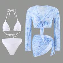 4pcs Set Blue Sheer Fabric With Fresh Floral Print, Fashionable Design