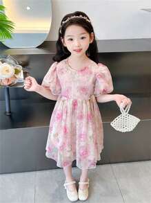 Girls Toddler Cute Floral Mesh Short Sleeve Princess Dress, Children Summer Outfit