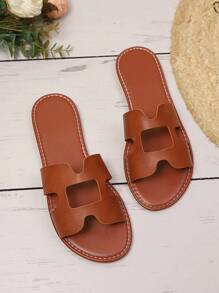 1 Pair Plus Size Brown Flat Slide Sandals For Teenage Girls, Solid Color PU Strap, Round Toe, Open Toe, Cute Roman Style, Suitable For Casual, Gatherings, Travel & Vacation, Spring/Summer New 2025 - Brown - View 8