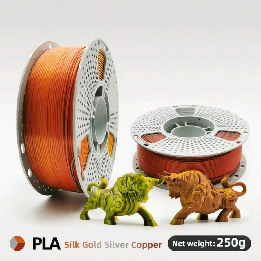 3-Color Silk 3D High-Speed PLA+ 3D Printer Filament, Dual-Color Coextrusion, 1.75mm Diameter With +/- 0.02mm Precision, Reusable Spool Compatible With Bambu AMS & Most FDM Printers, 2.2LB/Spool For Vibrant, Glossy Prints - Gold + Silver + Copper - View 1