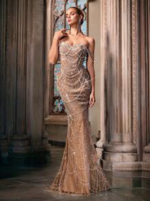 LUVISTRUE Fairy Temperament Pearl Decoration Formal Dress Women Sequins Evening Gown For Graduation Season Prom, Birthday Party, Galas, Cocktail Party, Concert, Award Ceremony Pure Color One Shoulder Floor Length Dresses - Rượu sâm banh - Xem 6