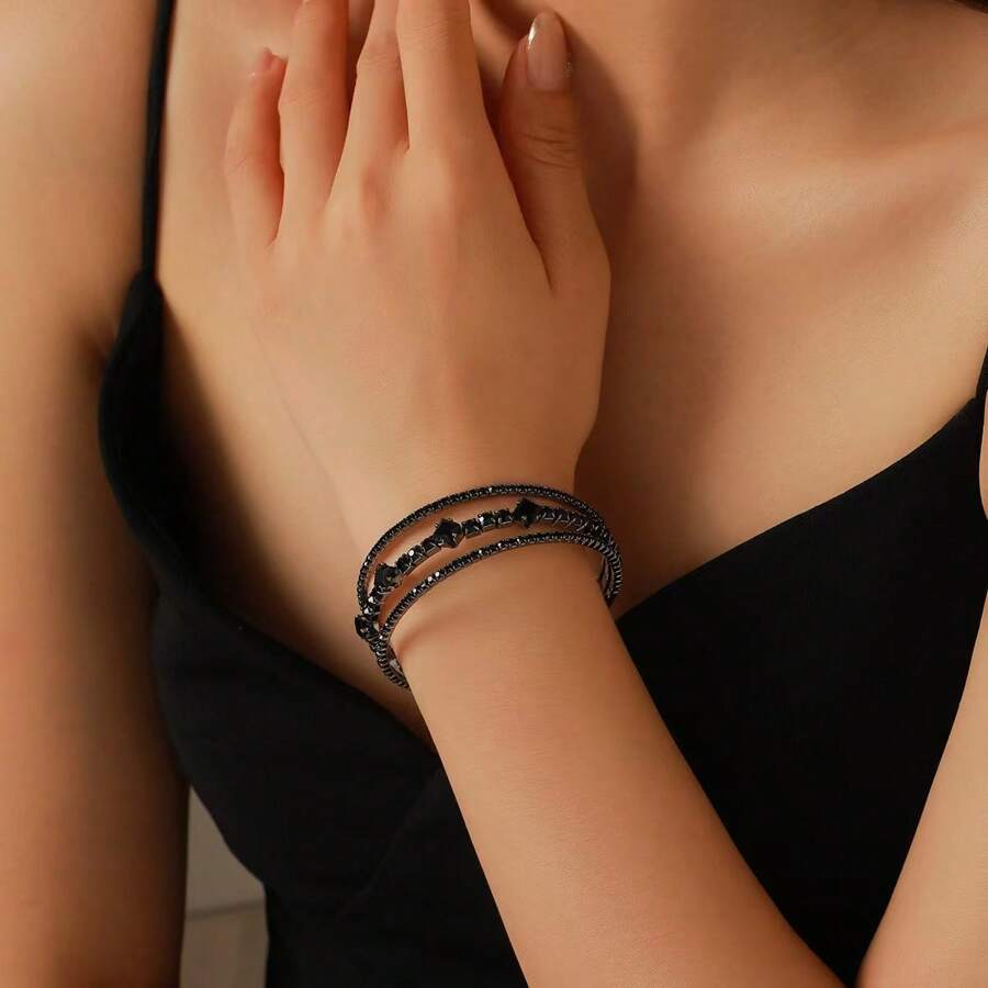 1pc Minimalist Open-Ended Rhinestone & Zirconia Threeline Black Bracelet, Suitable For Women's Daily Wear - Black - View 1