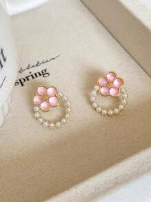 5 Pairs Unique Floral, Heart Shaped, Geometric Faux Pearl Embedded Women Earrings Set, Suitable For Summer Vacation - Multicolor - View 10