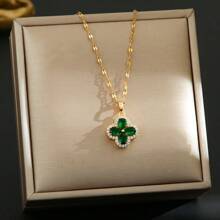 1 pièce Collier pendentif en acier inoxydable plaqué or 18 carats avec trèfle à quatre feuilles sertis, style minimaliste, convient pour les soirées, les rendez-vous, les femmes actives