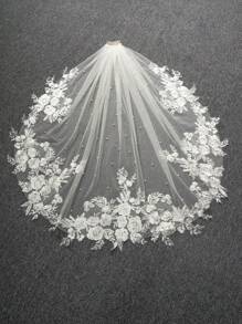 1 Pc Pearl Fingertip Length 37.4inch(95cm) Lace Floral Wedding Bridal Veil With Metal Comb For Wedding Party White Ivory