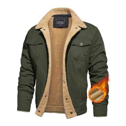 Men's Winter Fleece Lined Cargo Jacket Thicken Warm Casual Coats Work Sherpa Fur Collar Shackets With 5 Pockets