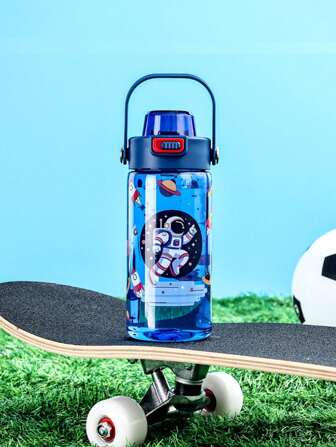 1pc600ml Children's Outdoor Cartoon Handle Water Cup Summer Straw Cup Plastic Cup Male And Female Students Large Capacity Plastic Water Cup