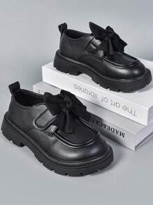 1 Pair Fashionable & Elegant Children's Loafers, Classic Retro Matte PU Leather, Stylish Bow Decor, Slip-On Design With Comfortable Lining, Suitable For Babies' Daily Wear, Matching Various Adorable Dresses, Attending Activities, Oxford-Style Shoes - Black - View 2