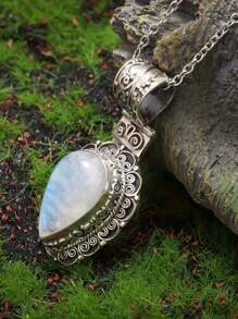 1件波西米亚风月光石水滴吊坠项链，男女皆宜的时尚合成宝石首饰配饰，配O形链 - 銀色的 - 查看 5