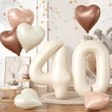 10 piezas de globos de color crema de 32 pulgadas con números 30/40/50/60, globos con forma de corazón beige marrón, apropiados para decoración de fiesta de cumpleaños 30/40/50/60, aniversario de boda