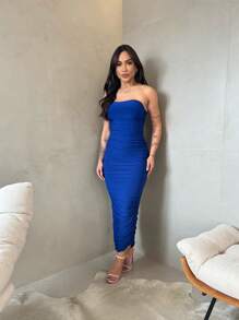 Royal Blue Strapless Midi Dress With Suplex Cup, Ruched Sides, Wrinkled, Strapless, Elegant, Sensual, Tight Fit - Royal Blue - View 2