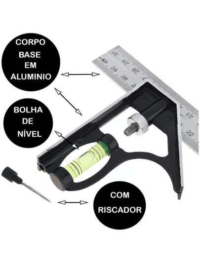 Esquadro Combinado 12pol 300mm Marceneiro Carpinteiro