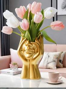 1pc White Ceramic Face Vase,Makeup Brush Storage Bucket, Female Form Head Half Body Bust Vases Boho Minimalism Decorative Modern Nordic Style Flower Vase For Home Living Room Office Decor