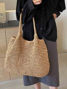 Fashion Large Capacity Holiday Beach Bag, Women Straw Tote Shoulder Bag, Casual Woven Shoulder Bag Suitable For Travel, Beach, Picnic, Great Gift For Ladies & Mothers, Summer Straw Beach Bag For Women, Vacation Essentials, Perfectly Matching With Beach Accessories Women, Fashion Summer Vacation Bag, Beach Essentials Women Bags For Vacation & Holiday, Perfect For Summer, Vacation & Beach, Hottest Beach Bags - Khaki - View 6