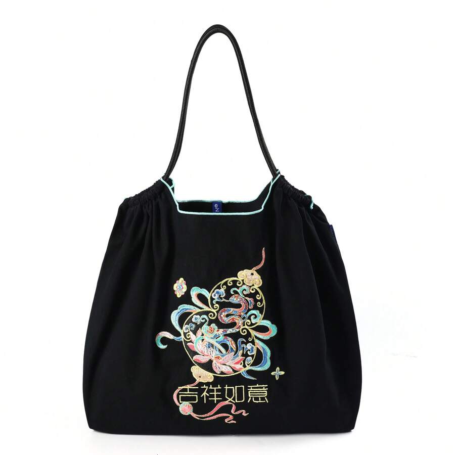 MZTKIN 新款休闲优雅刺绣黑色吉祥葫芦图案可折叠尼龙购物袋，大容量手提单肩手提包，适合通勤、购物、海滩、派对