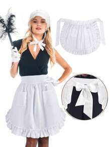 1 件装白色围裙女仆服装腰围裙，可爱复古半围裙，适用于烹饪、厨房、褶皱荷叶边饰边、带 2 个口袋的女仆围裙，角色扮演