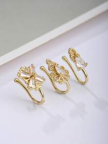 3 piezas Anillo de nariz de estilo de Asia del Sur, color dorado, con clip de nariz falso de metal con CZ para uso diario de mujeres - Dorado - Ver 2