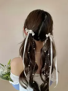 2 Pcs Sweet Style Butterfly Rhinestone Hair Clips With Flowing Ribbon, Fabric Hair Clips, Suitable For Children Ages 14+, Solid Color Hair Accessories Set