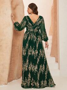 Mgiacy Plus Size Dark Green New Arrival V Neck Elegant Ball Dress Toothpick Pleat Lantern Sleeve Sequin Long Dress - Dark Green - View 3