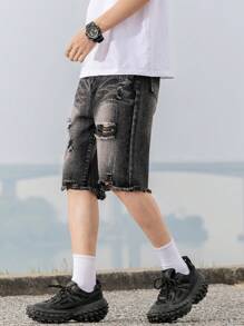 Fashionable Straight Leg Mid-Length Denim Shorts For Teen Boys - Black - View 4