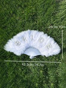 1pc White Feather & Faux Pearl Handheld Fan, Elegant Bridal Wedding Accessory, Romantic Wedding Decor Suitable For Bride, Adult Party, Photography Props - White - View 5