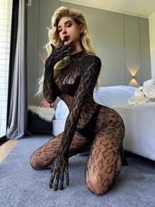 1件黑色性感内衣，性感长袖网纱连体衣，不露肤网纱连体衣 - 黑色 - 查看 1