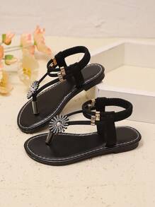 1 Paio di Sandali Alla Moda con Glitter, Strass Colorati e Decorazione a Girasole per Bambine/Bambine Piccole Taglia Comoda, Cinturino Elastico, Punta Tonda, Suola Piatta Antiscivolo, Stile Boho-Chic, Adatti per Bambine dai 3 ai 12 Anni, Uso Quotidiano, Casual, Feste, Viaggi, Vacanze, Primavera/Estate 2026 - nero - Visualizzare 5