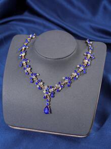 Bộ 4 chiếc/Bộ vòng cổ và hoa tai vương miện pha lê phong cách Baroque thanh lịch, thích hợp cho đám cưới và sự kiện - Màu xanh lam - Xem 6