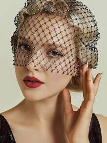 1pc Black Birdcage Rhinestone Veil Headband, Bridal Party Mask Accessory Without Hair Comb - Multicolor - View 10