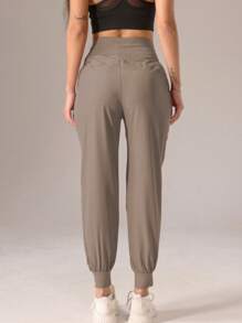 1Pc Women Sports Style Pleated Solid Color Casual Long Pants Tights Spring - Khaki - View 5