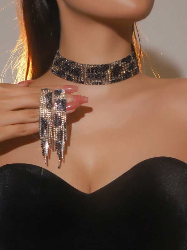 Ensemble de collier et boucles d'oreilles en cristal de strass léopard rétro magnifique. Cadeau de la Saint-Valentin pour femme, petite amie - 3 en 1