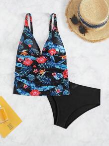 Summer 2pcs Tankini Swimsuit, New European & American Style, Printed, Sexy Beach Vacation Casual High Waisted Triangle Briefs Swimwear