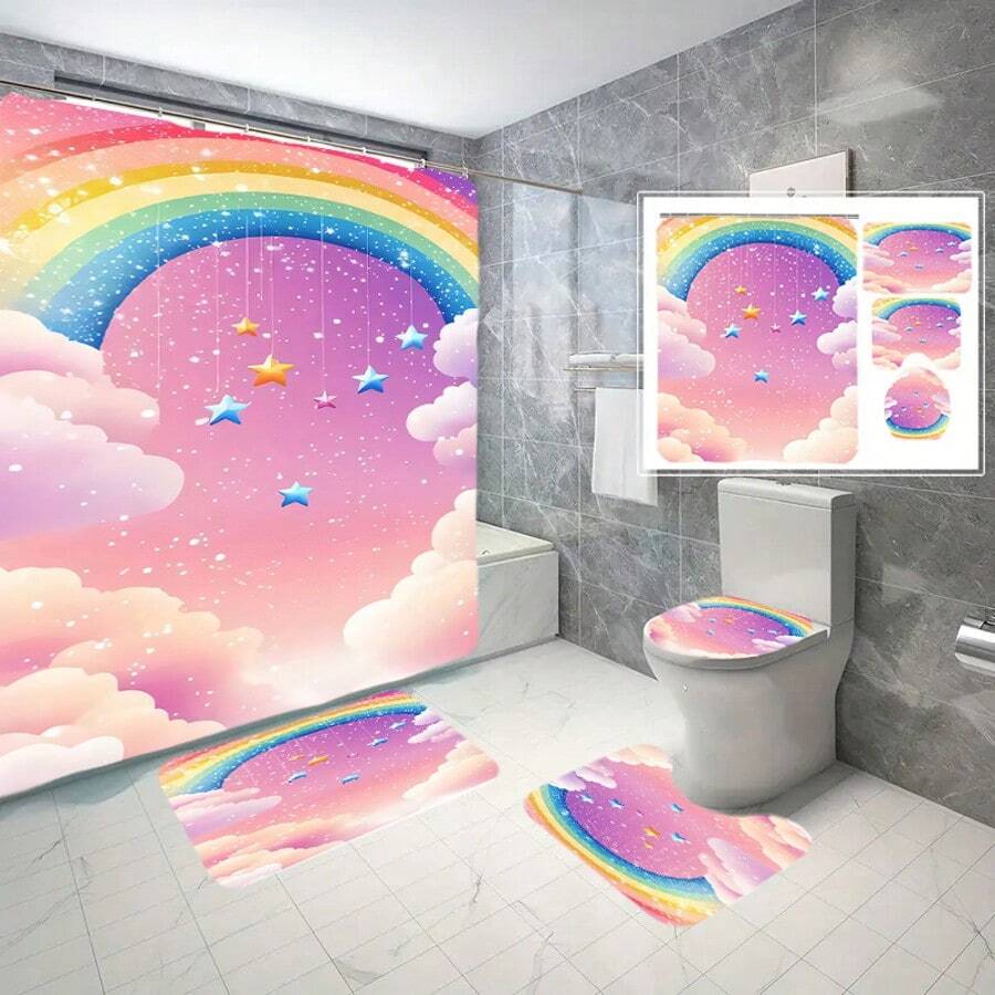 4pcs Shower Curtain Non-Slip Carpet Set, Wedding Date Floral Elements, Toilet Lid, Bath Mat - Includes 12 Plastic Hooks - Waterproof Polyester Fabric, Quick Drying, Non-Slip, Ring Top, Machine Washable Home Decor, Shower Decor Accessories,