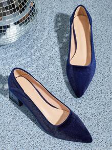 女士高跟鞋，尖头，蓝色绒面革，粗跟，防滑橡胶鞋底，优雅时尚，适合工作和日常休闲穿着 - 藍色 - 查看 4