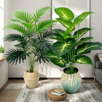 2pcs Tropical Plant Set - Artificial Philodendron And Areca Palm Leaves, Suitable For Home, Office, Garden Decor - Great For Weddings, Anniversaries And Holidays - Indoor/Outdoor Use, No Planter Included, Decor For Rooms, Home, Kitchen, Weddings