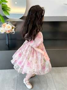 Girls Toddler Cute Floral Mesh Short Sleeve Princess Dress, Children Summer Outfit