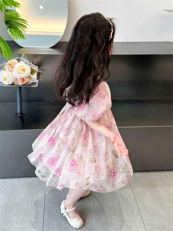 小女孩可爱碎花网纱短袖公主裙，儿童夏季服装