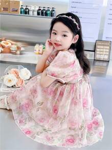 Girls Toddler Cute Floral Mesh Short Sleeve Princess Dress, Children Summer Outfit