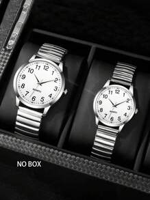 2 piezas Reloj de cuarzo casual de moda con diseño de números en esfera blanca, pulsera de aleación elástica unisex. Un regalo para él, elegido para el Día de San Valentín, reloj a juego, adecuado para cualquier ocasión