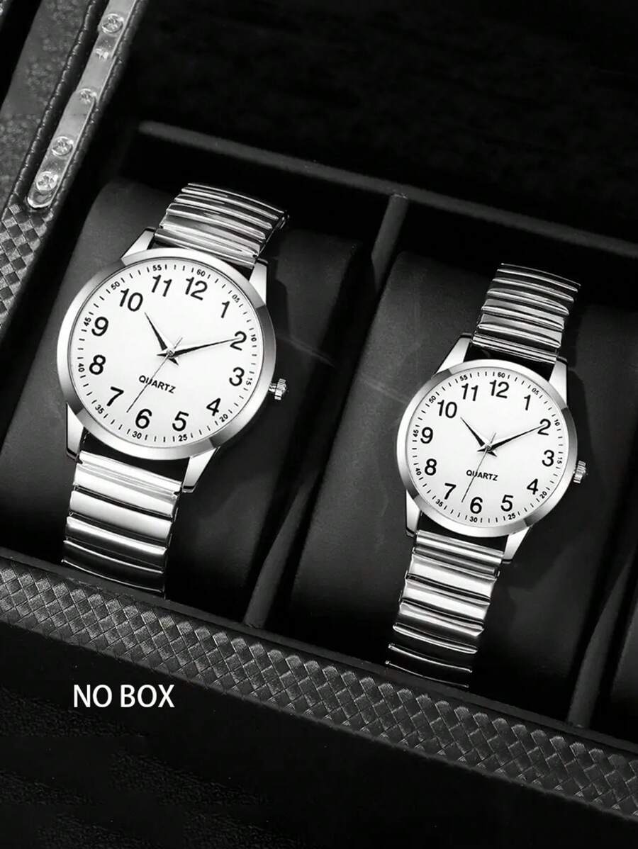 2 piezas Reloj de cuarzo casual de moda con diseño de números en esfera blanca, pulsera de aleación elástica unisex. Un regalo para él, elegido para el Día de San Valentín, reloj a juego, adecuado para cualquier ocasión