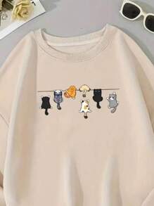 Women's Cute Printed Sweatshirt, Round Neck, Comfortable, 100% Cotton - 卡其色 - 查看 2