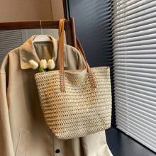 1 pieza Bolso de hombro con cierre de gran capacidad, estilo casual de vacaciones, transpirable, tejido en beige, adecuado para señoras en primavera/verano, para artículos de playa, teléfono de viaje, billetera, lápiz labial, llaves, pañuelos, bolsas de almacenamiento