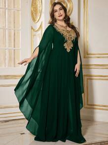 SUPGIR 加大方领长袖金色亮片连衣裙、优雅连衣裙、派对礼服、婚礼宾客礼服、正式礼服、晚礼服、长袍 - 墨綠色 - 查看 4