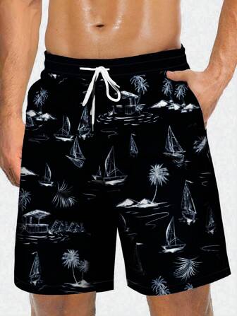 Herrbadbyxor med kokos- och segelbåtstryck, Strandshorts för vardagsbruk, Digitaltryck i 3D, Dragsko i midjan, Enkelt lager, Inget foder, Hawaiiansk